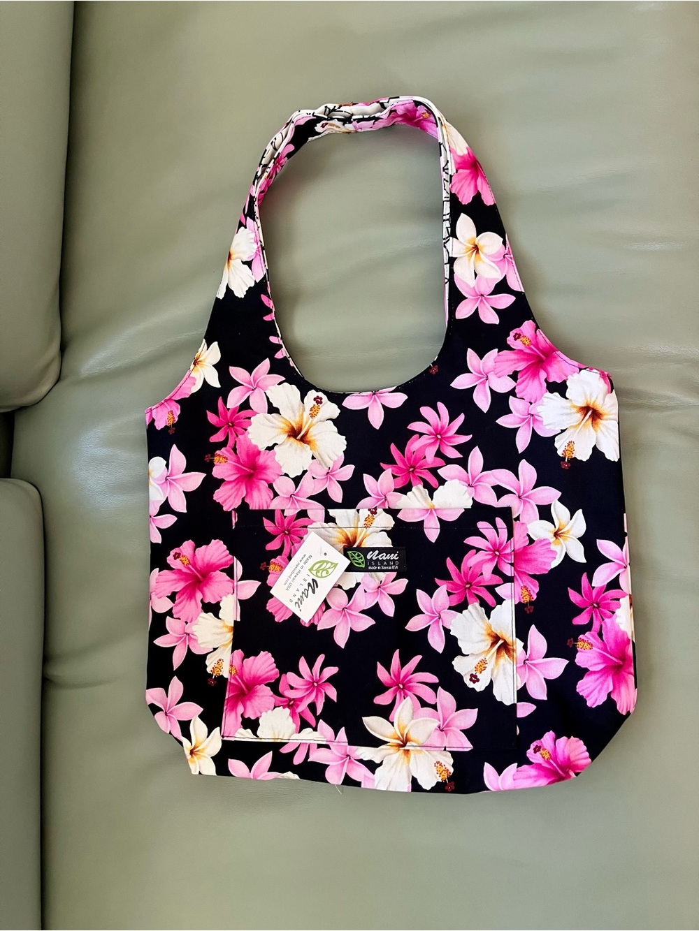 Nani Island Reversible Hobo Tote Bag - Pink Hibiscus on Black; Made in Hawaii